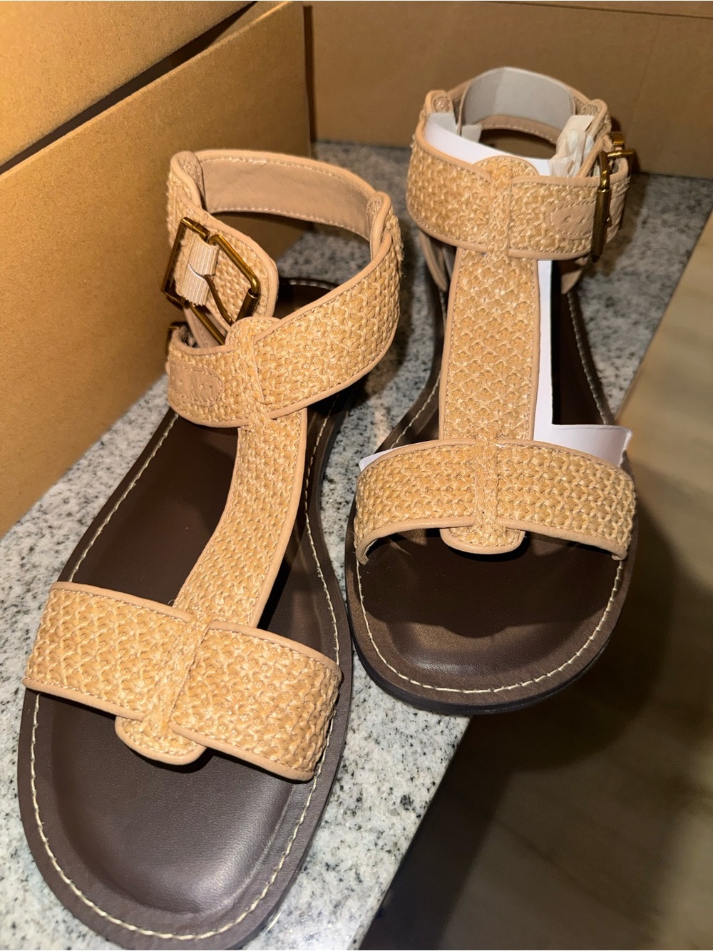NWT Steve Madden Brazinn Woven Tan and Brown Strappy Sandals - Picture 2 of 7